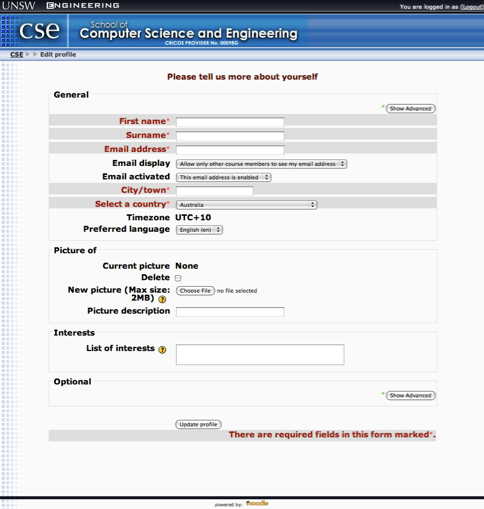 The profile edit page for moodle showing the screen when you first login. This defaults to the non-advanced view, which is simplified with fewer fields to edit.